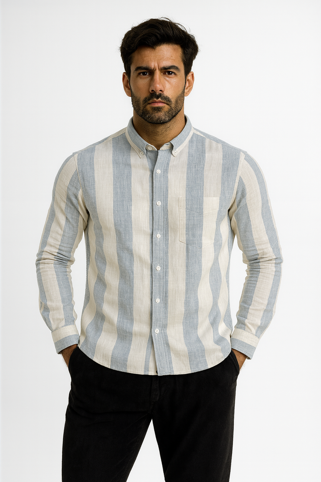 Men’s Casual Vertical Lining Striped Shirt